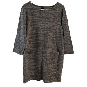 Adrienne Vittadini Black White Textured Knit Shift Dress 3/4 Sleeve Pockets XL